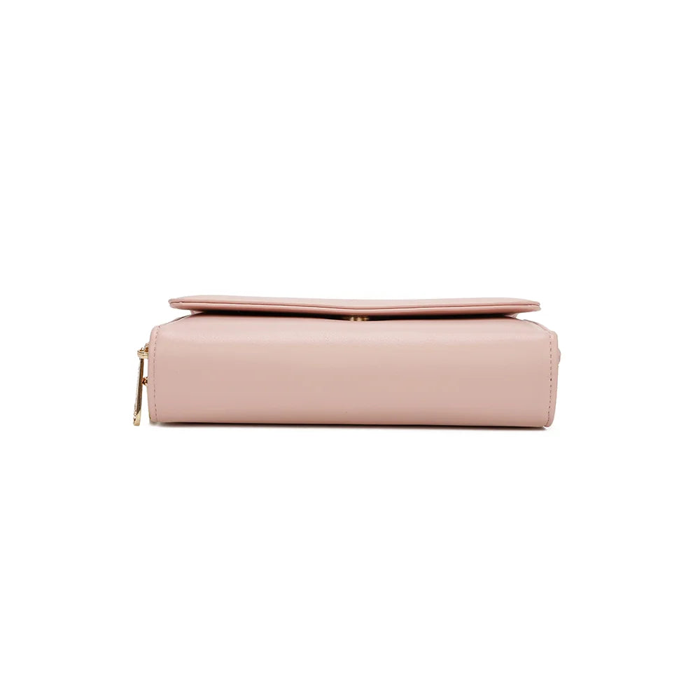 Dessous de la pochette Naélys rose, format plat et compact de 19,5 cm de large – réf. SF-69025