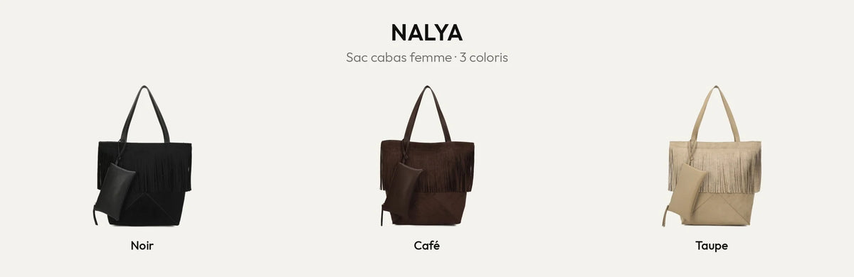 Sac cabas femme Nalya à franges en suédine, coloris Noir, Coffee et Taupe – Gallantry Paris – réf. M-9452
