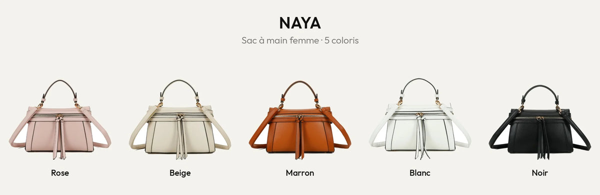 Sac à main femme Naya en cinq coloris : rose, beige, marron, blanc et noir – Gallantry Paris – réf. KJ-62055