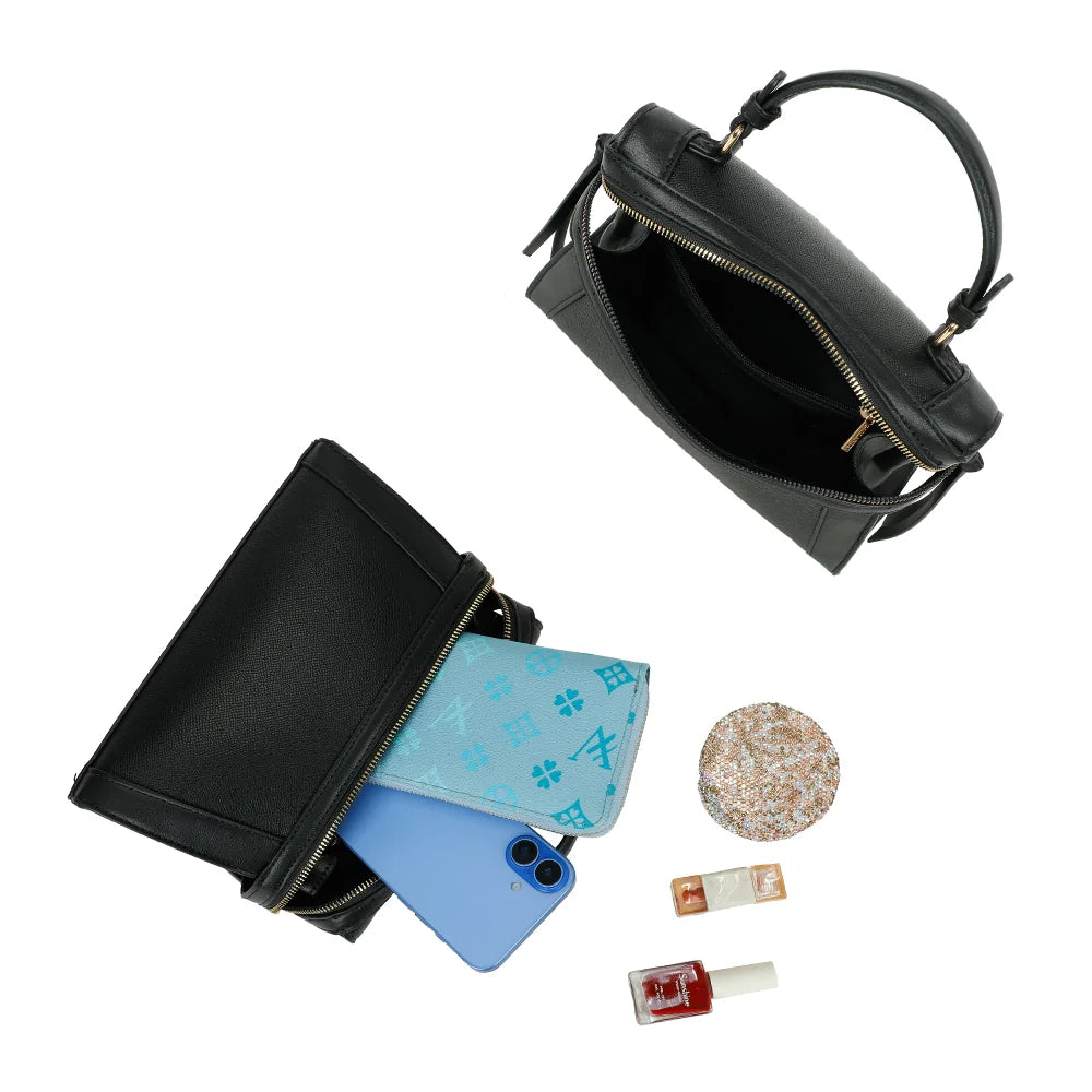 Intérieur du Naya noir : compartiment zippé doublé pour téléphone, portefeuille et cosmétiques – réf. KJ-62055