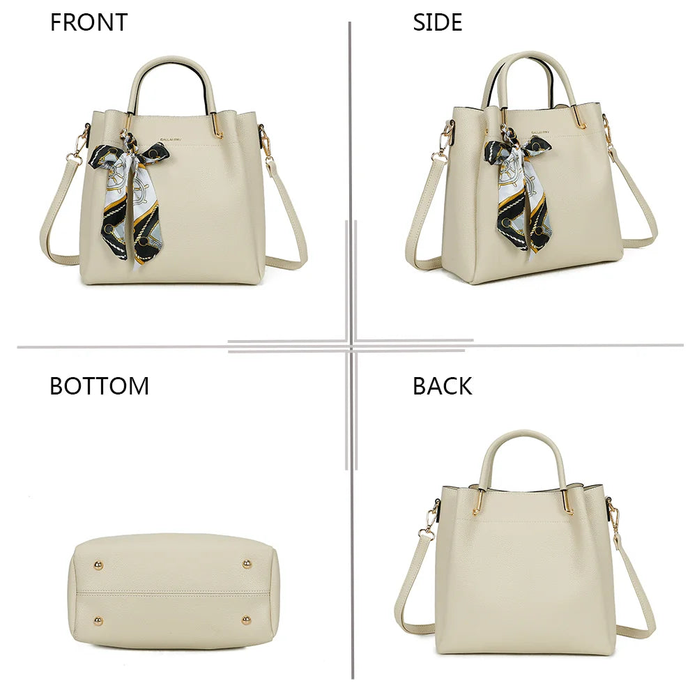 Nina beige sous quatre angles : face, profil, dessous et dos du sac en simili cuir grainé – réf. DQ-8704