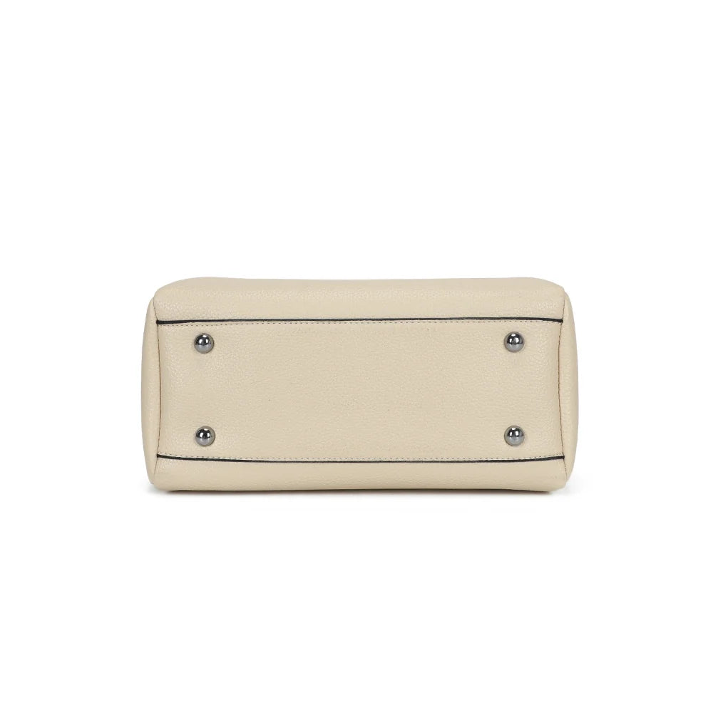 Dessous du Noa beige clair, simili cuir grainé et silhouette trapèze vue d’en bas – réf. DQ-8700