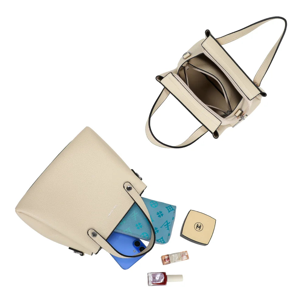 Intérieur du Noa beige clair : compartiment zippé avec poche zippée intégrée, téléphone et portefeuille – réf. DQ-8700