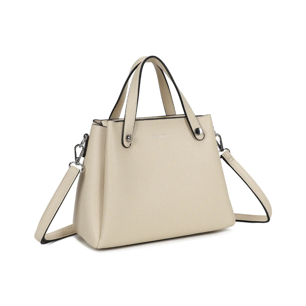 Noa beige clair vu de trois-quarts : silhouette trapèze et tranches contrastées noires – réf. DQ-8700