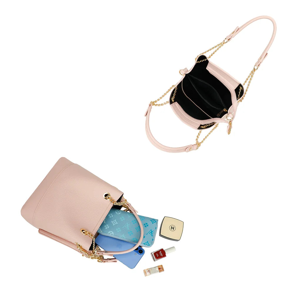 Intérieur du Noble Line rose : plusieurs compartiments pour ranger smartphone, portefeuille et beauté – réf. DQ-8692-1