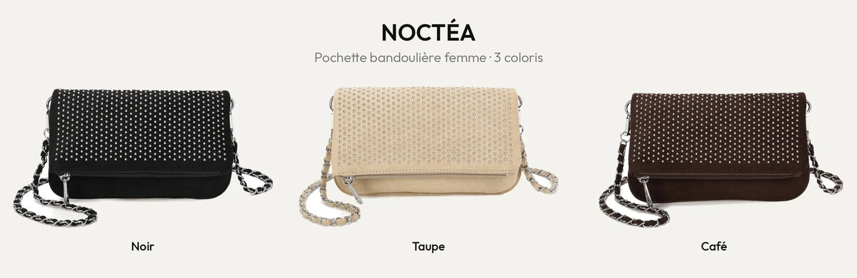 Pochette bandoulière Noctéa cloutée en Noir, Taupe et Coffee – Gallantry Paris – réf. Z-83088