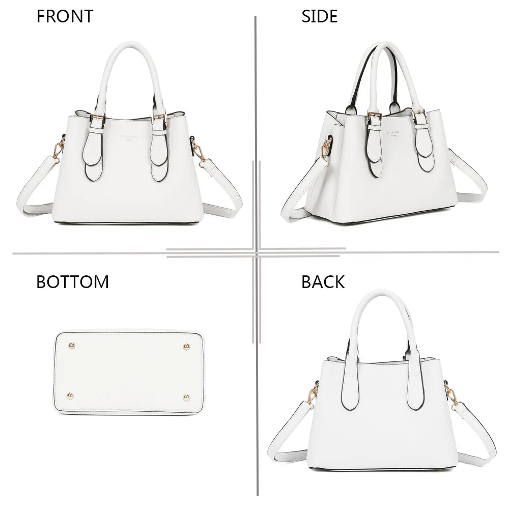 Nola blanc sous quatre angles : face, profil, dessous et dos du sac en simili cuir grainé – réf. R-1948