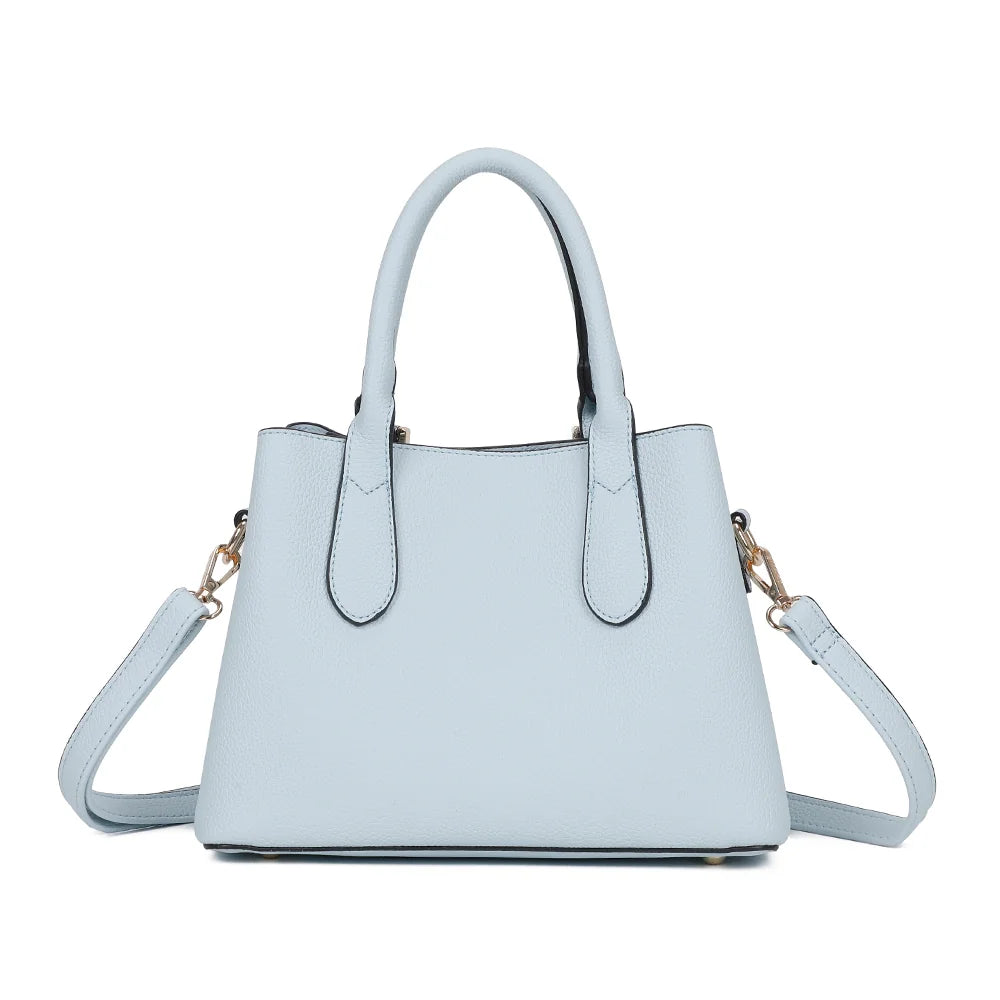 Nola bleu pastel vu de dos, simili cuir grainé uni et deux anses arrondies pour un port main élégant – réf. R-1948