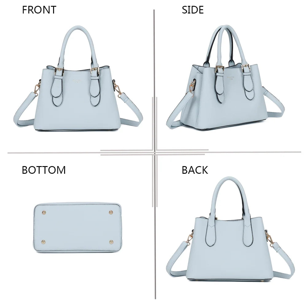 Nola bleu pastel sous quatre angles : face, profil, dessous et dos du sac en simili cuir grainé – réf. R-1948