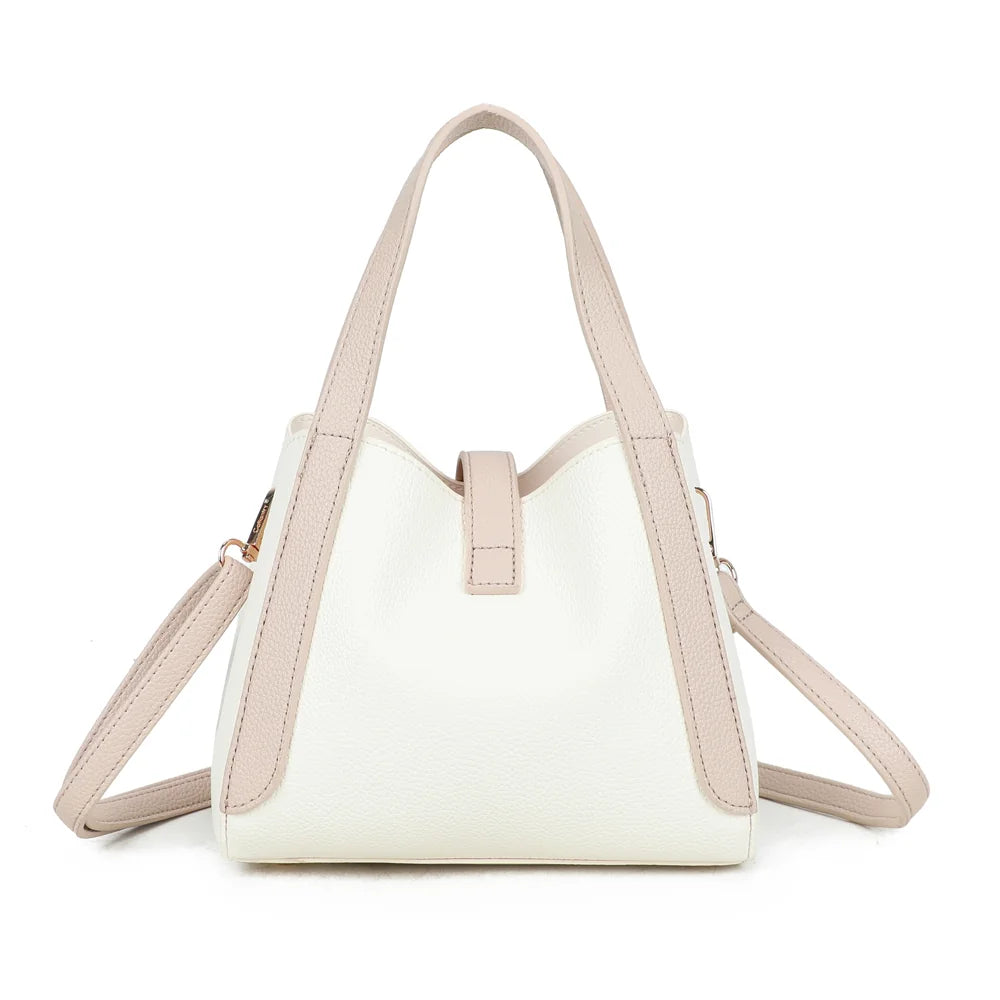 Dos du Nora beige/taupe : simili cuir grainé et anses prolongées en bandes jusqu’à la base du sac – réf. DQ-8718