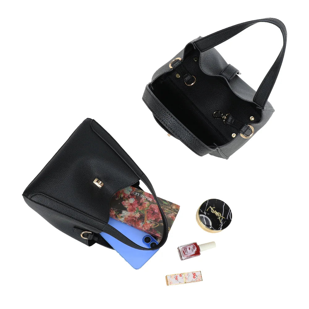 Intérieur du Nora noir : compartiment principal pour téléphone, portefeuille, clés et maquillage – réf. DQ-8718