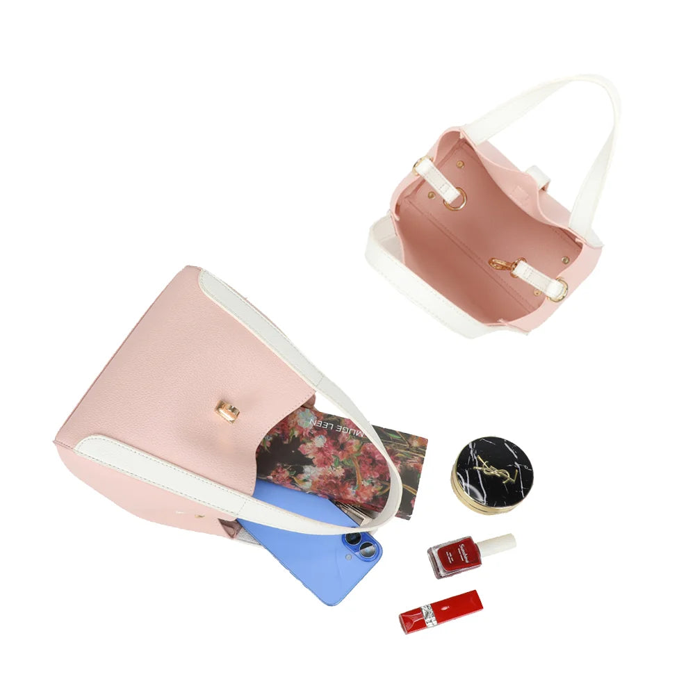Intérieur du Nora rose/beige : compartiment principal pour téléphone, portefeuille, clés et maquillage – réf. DQ-8718