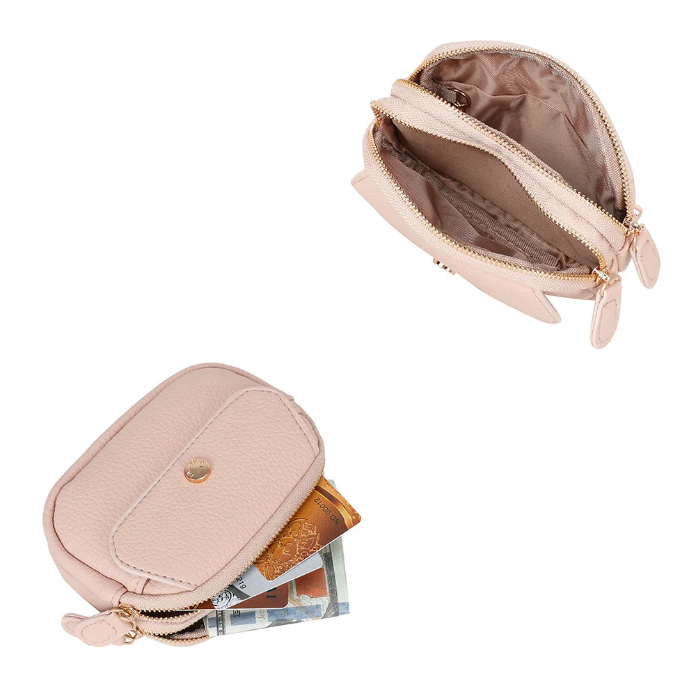 Intérieur du Noria rose : deux compartiments zippés pour pièces, billets et cartes – réf. SF-69054