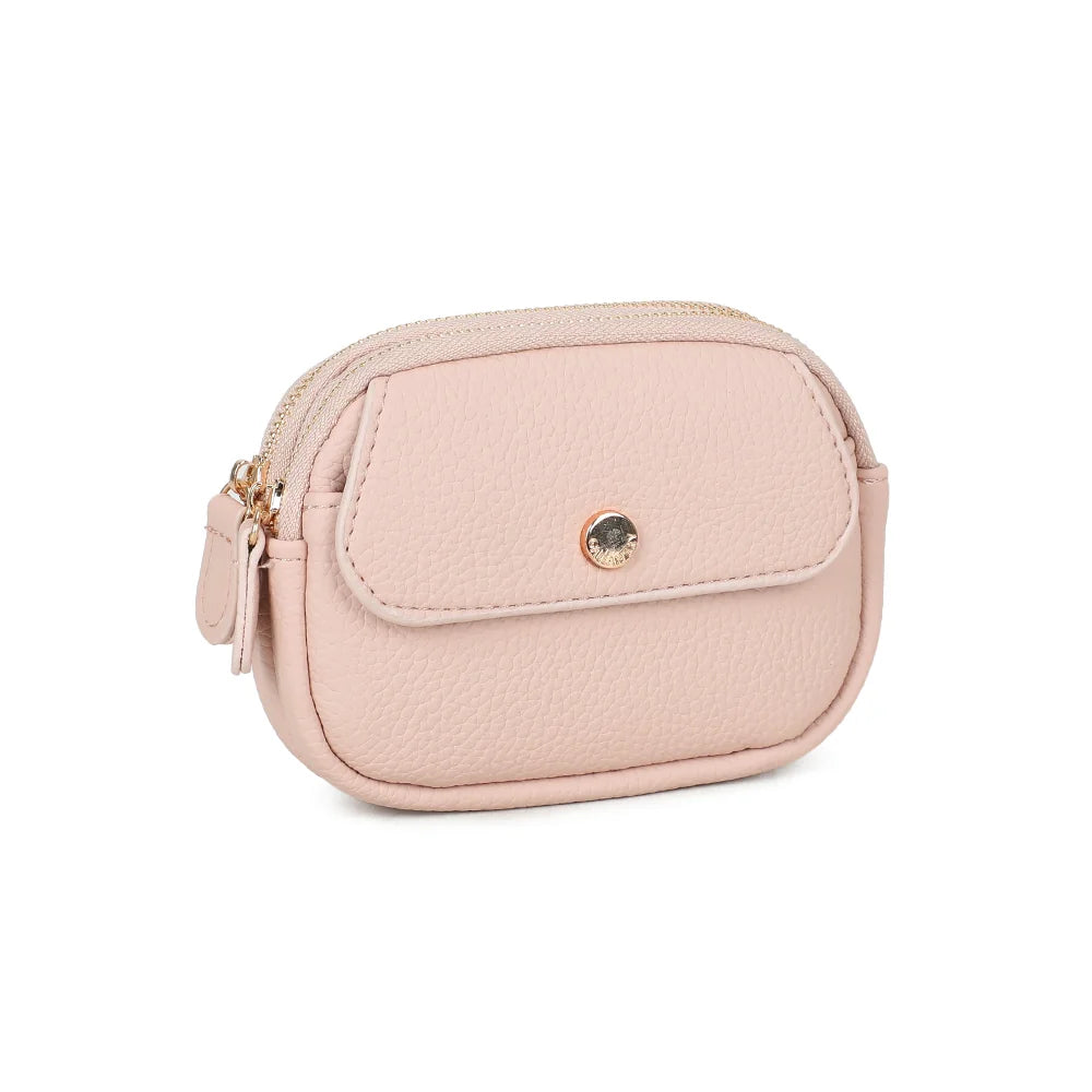Noria rose vu de trois quarts : double fermeture zippée et curseurs dorés – réf. SF-69054