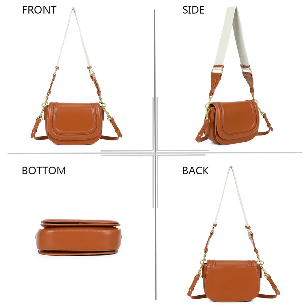 Nova Loop marron sous quatre angles : face, profil, dessous et dos du sac à rabat