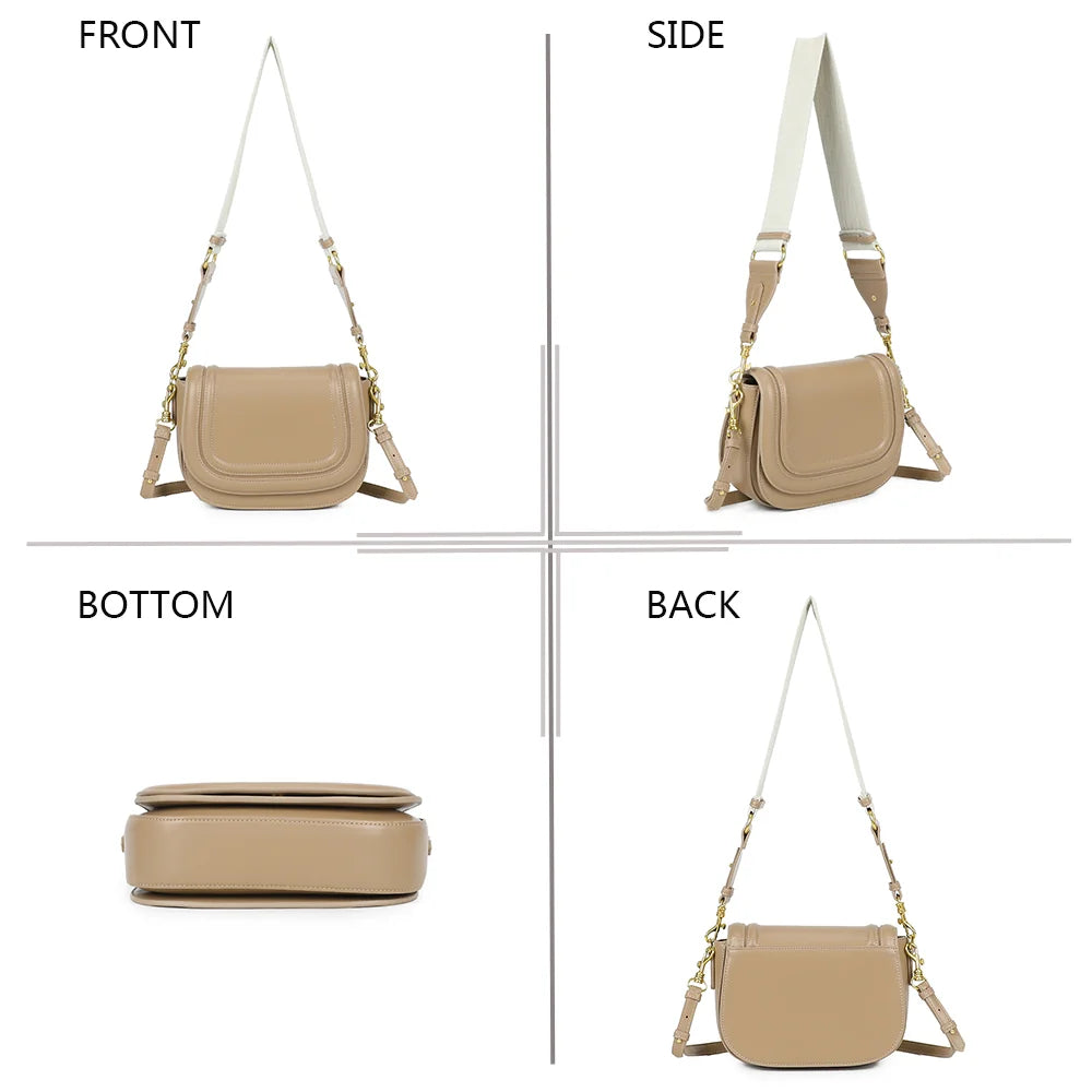 Nova Loop taupe sous quatre angles : face, profil, dessous et dos du sac à rabat