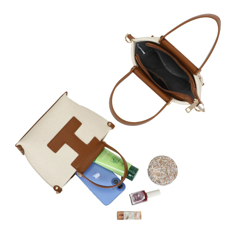 Intérieur du Nude Canvas beige/marron : compartiment doublé pour téléphone et petits essentiels – réf. R-1987-1