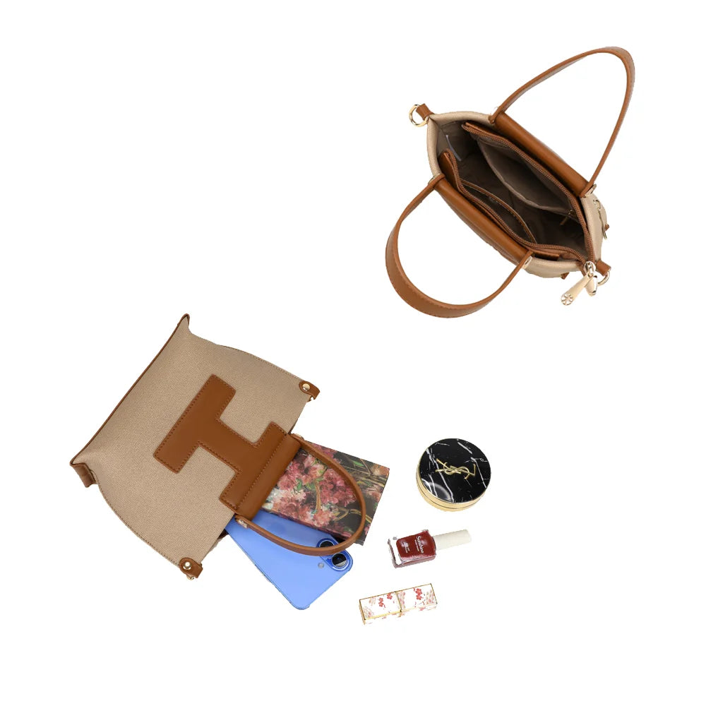 Intérieur du Nude Canvas taupe/marron : compartiment doublé pour téléphone et petits essentiels – réf. R-1987-1