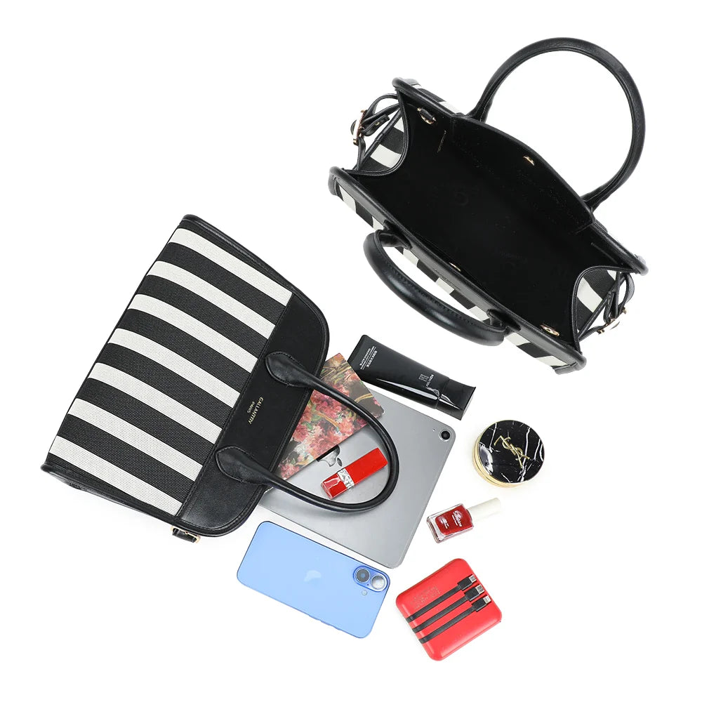 Intérieur du sac Ocea noir/blanc : doublure brune et place pour smartphone, petite tablette et maquillage – réf. DG-5818-1
