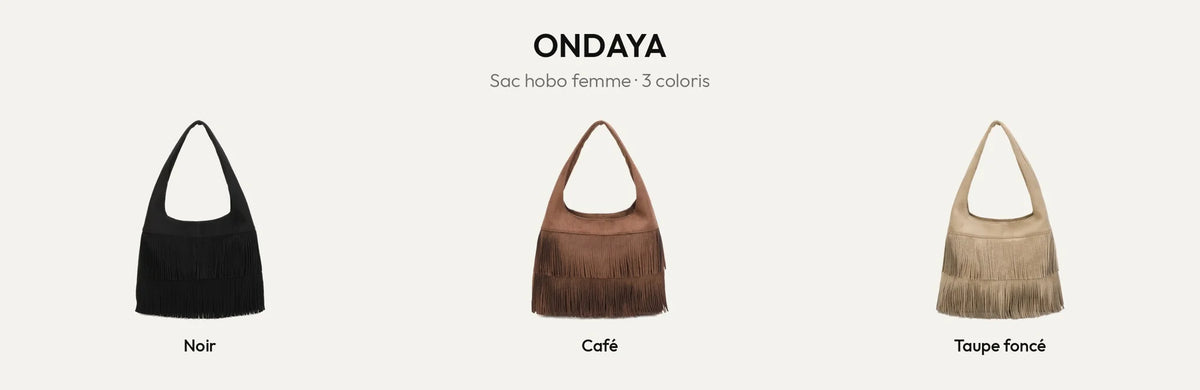 Sac hobo femme à franges Ondaya en suédine dans ses 3 coloris : Noir, Coffee et Taupe foncé – Gallantry Paris – réf. M-9453