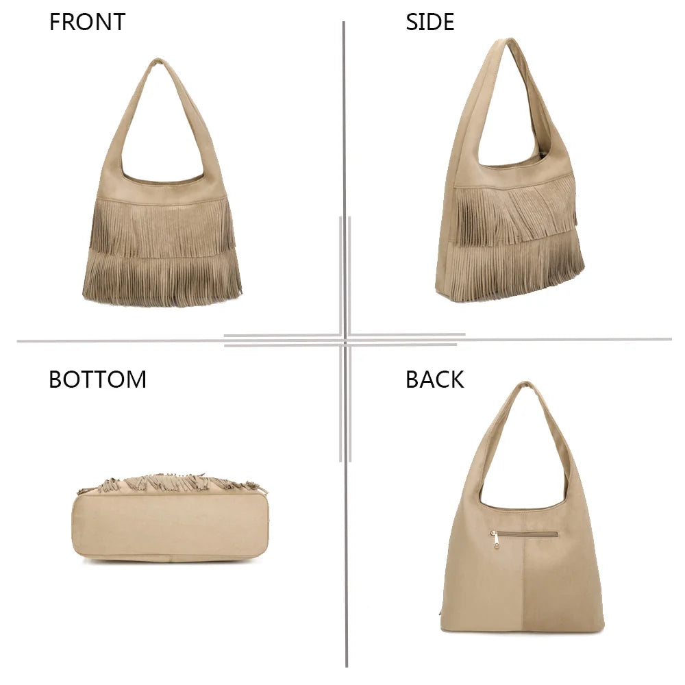 L’Ondaya taupe foncé sous quatre angles : face, côté, dessous et dos de ce hobo à franges en suédine – réf. M-9453