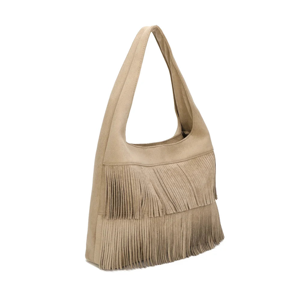 Ondaya taupe foncé vu de trois quarts : forme demi-lune souple et franges longues qui donnent du mouvement – réf. M-9453