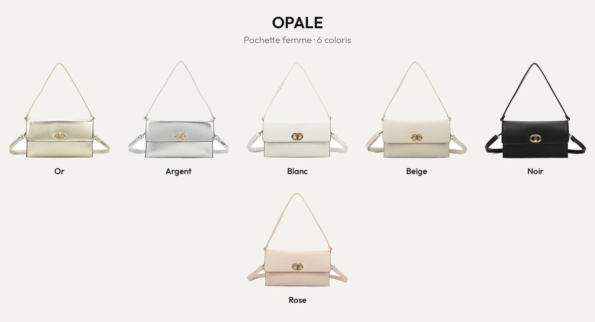 Pochette femme Opale en 6 coloris : or, argent, blanc, beige, noir et rose – Gallantry Paris – réf. R-1699