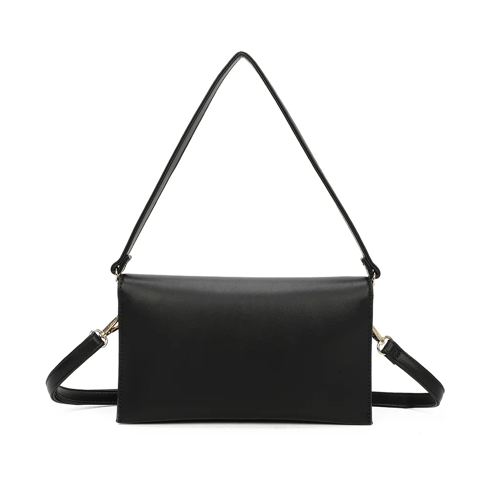 Dos de la pochette Opale noir, lignes nettes et anse d’épaule fixée par anneaux dorés – réf. R-1699