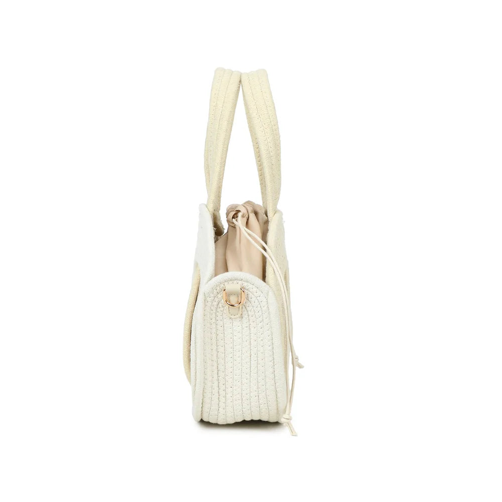 Profil du sac Orélya beige/or : attache latérale dorée pour la bandoulière amovible – réf. A-9166