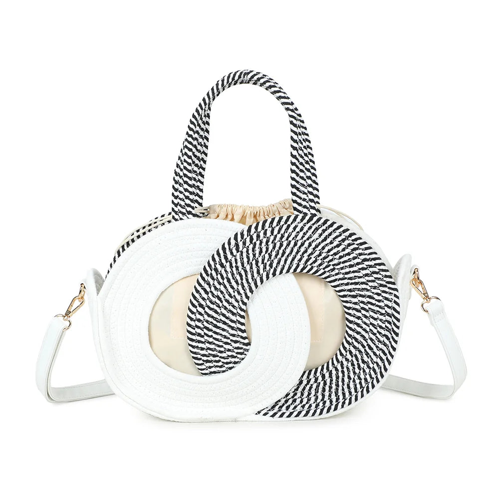 Dos du sac Orélya blanc/noir, corde tressée enroulée et anses courtes assorties – réf. A-9166