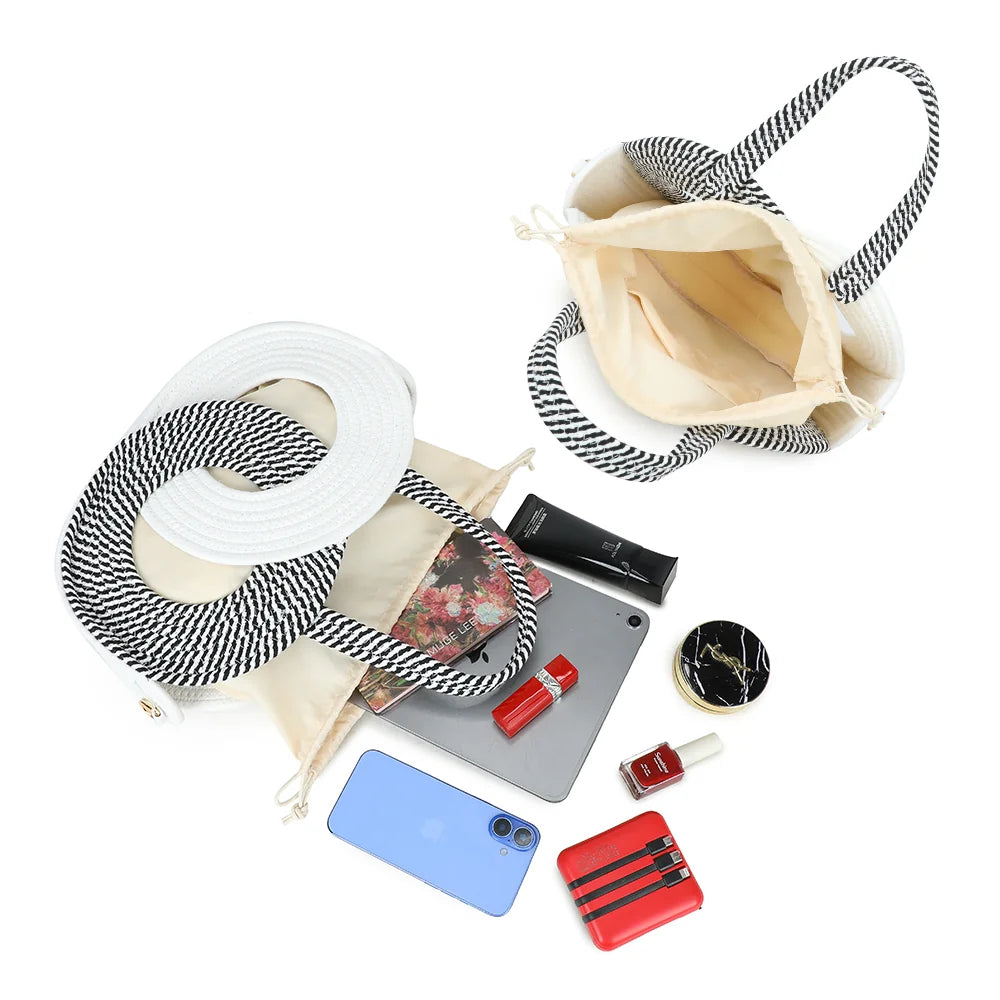 Intérieur de l’Orélya blanc/noir : sac coulissant à cordon et poche plaquée pour les essentiels – réf. A-9166