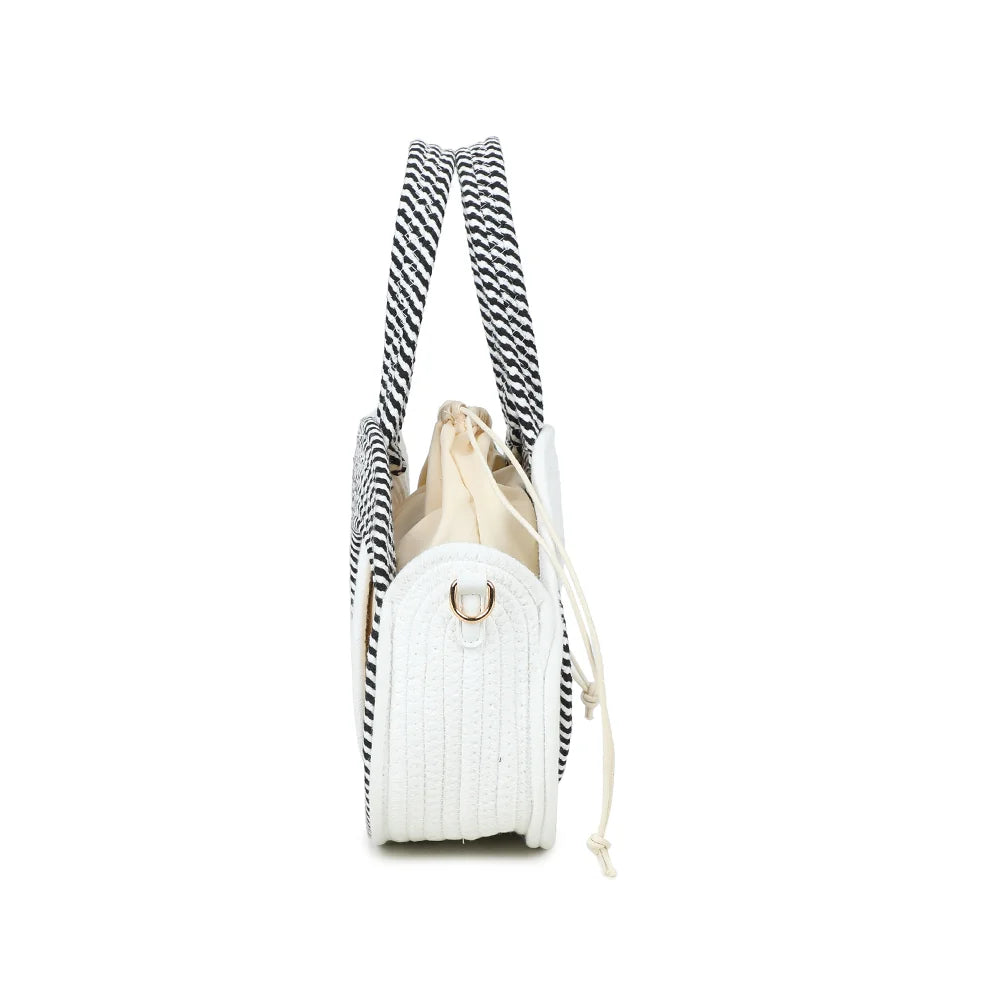 Profil du sac Orélya blanc/noir : attache latérale dorée pour la bandoulière amovible – réf. A-9166