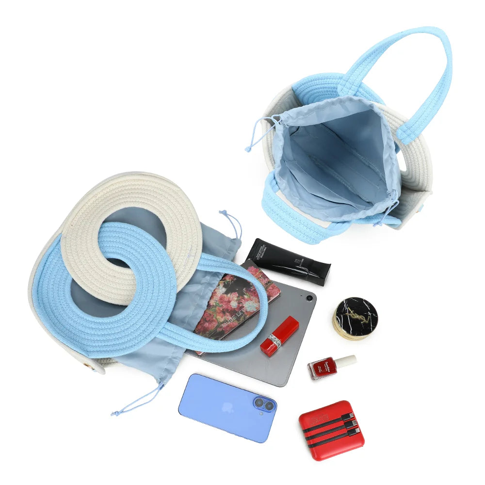 Intérieur de l’Orélya bleu clair : sac coulissant à cordon et poche plaquée pour les essentiels – réf. A-9166