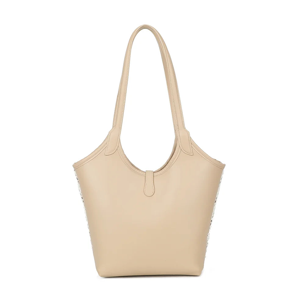 Dos du sac Oréna beige/taupe : le motif ajouré se prolonge sur toute la face arrière, sous les deux anses – réf. A-9154
