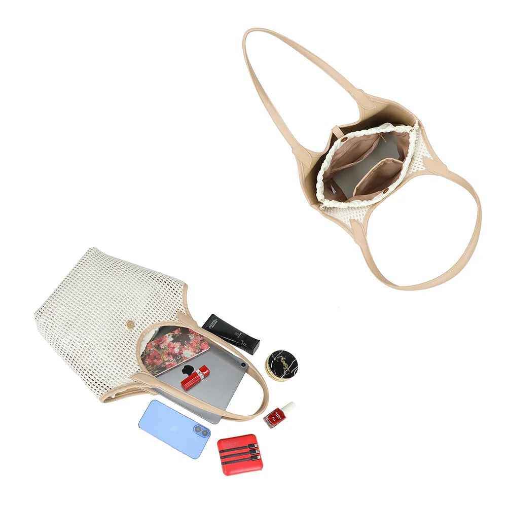 Intérieur du sac Oréna beige/taupe : bord froncé, poches plaquées et place pour une tablette et les essentiels – réf. A-9154
