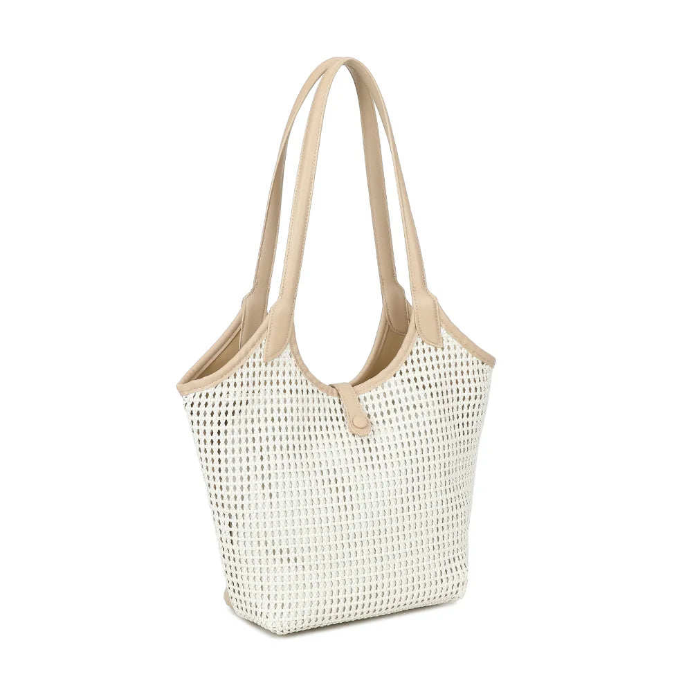 Oréna beige/taupe vu de trois quarts : silhouette évasée et bordures contrastées qui soulignent le tressage – réf. A-9154