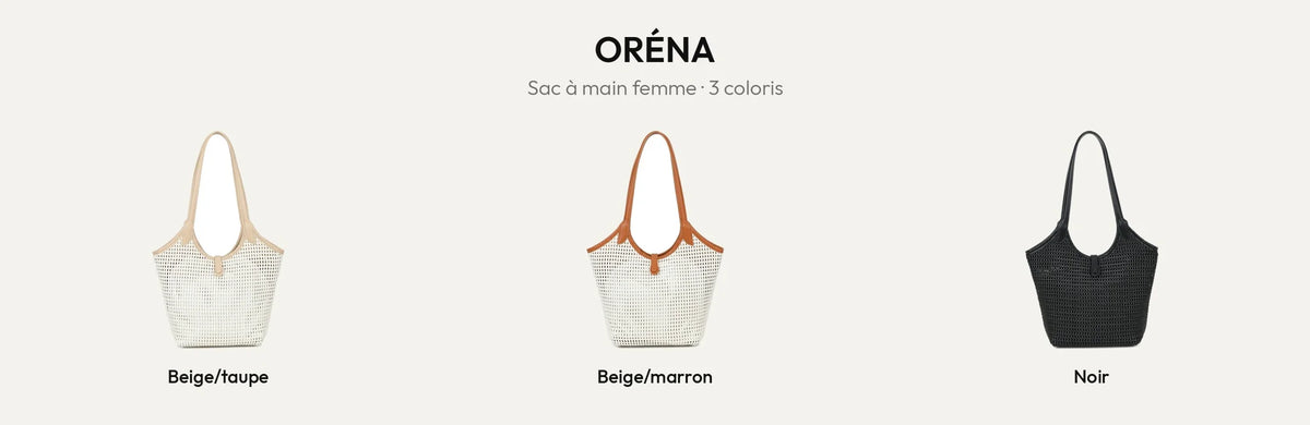 Sac à main Oréna tressé ajouré en trois coloris : Beige/Taupe, Beige/Marron et Noir – Gallantry Paris – réf. A-9154