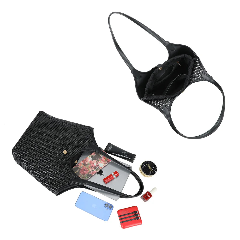 Intérieur du sac Oréna noir : bord froncé, poches plaquées et place pour une tablette et les essentiels – réf. A-9154