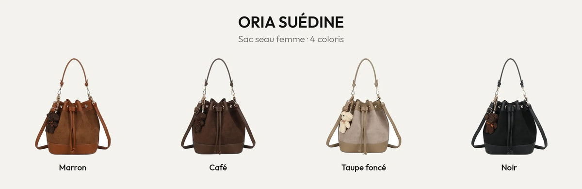 Sac seau Oria Suédine en quatre coloris : Marron, Coffee, Taupe foncé et Noir – Gallantry Paris