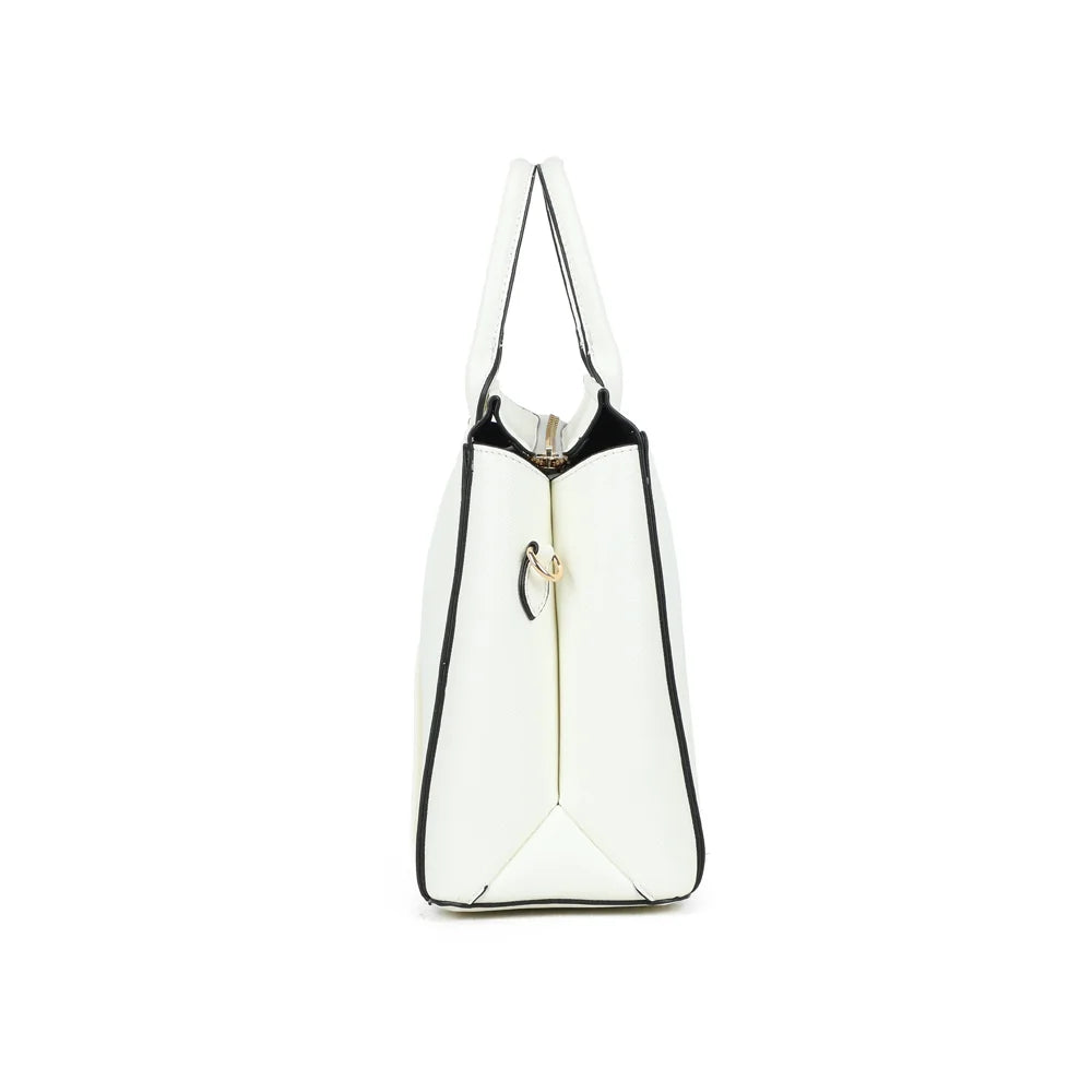Origami Chic blanc vu de profil : soufflet latéral et anneau métallique doré pour la bandoulière – réf. M-9461