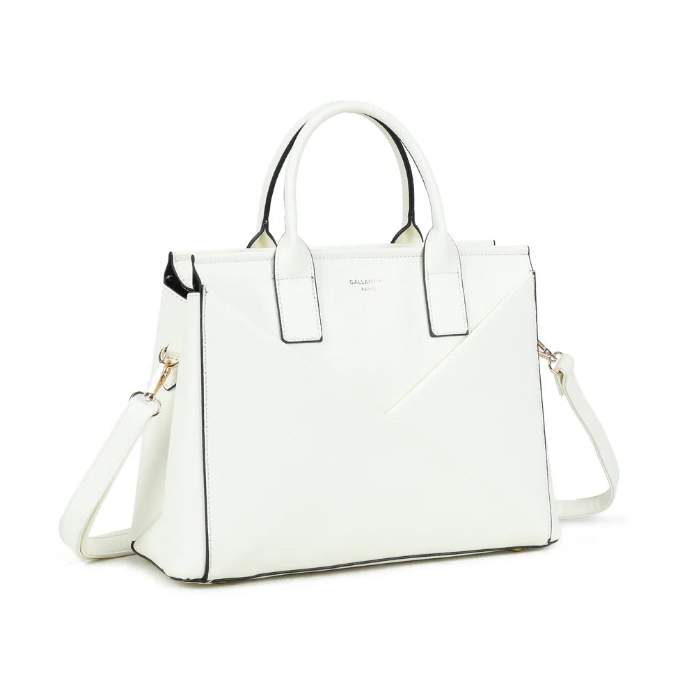 Origami Chic blanc de trois quarts : panneaux croisés façon origami et anneau doré sur le côté – réf. M-9461
