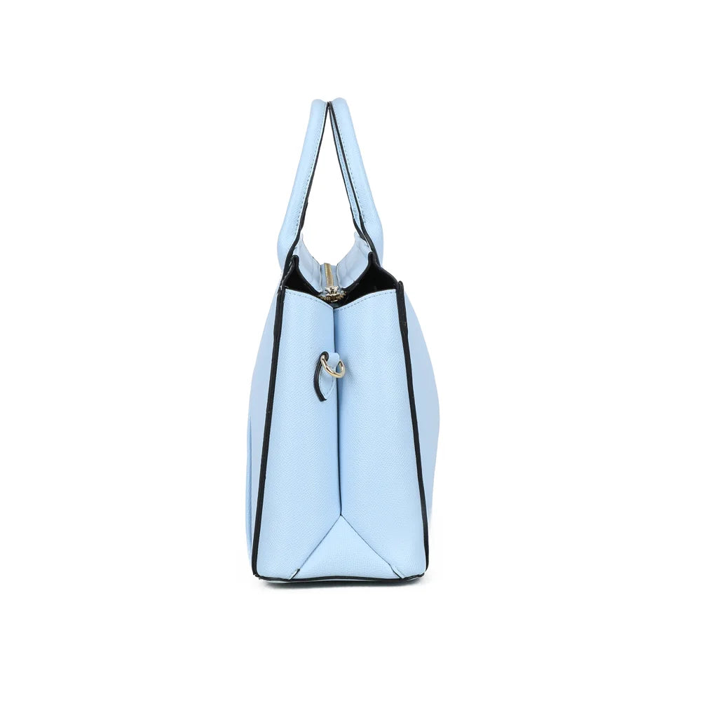 Origami Chic bleu clair vu de profil : soufflet latéral et anneau métallique doré pour la bandoulière – réf. M-9461