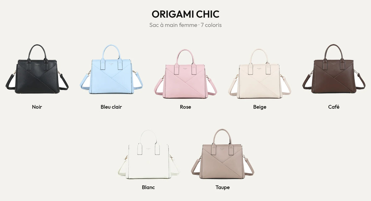 Sac à main Origami Chic en 7 coloris : noir, bleu clair, rose, beige, coffee, blanc et taupe – Gallantry Paris – réf. M-9461