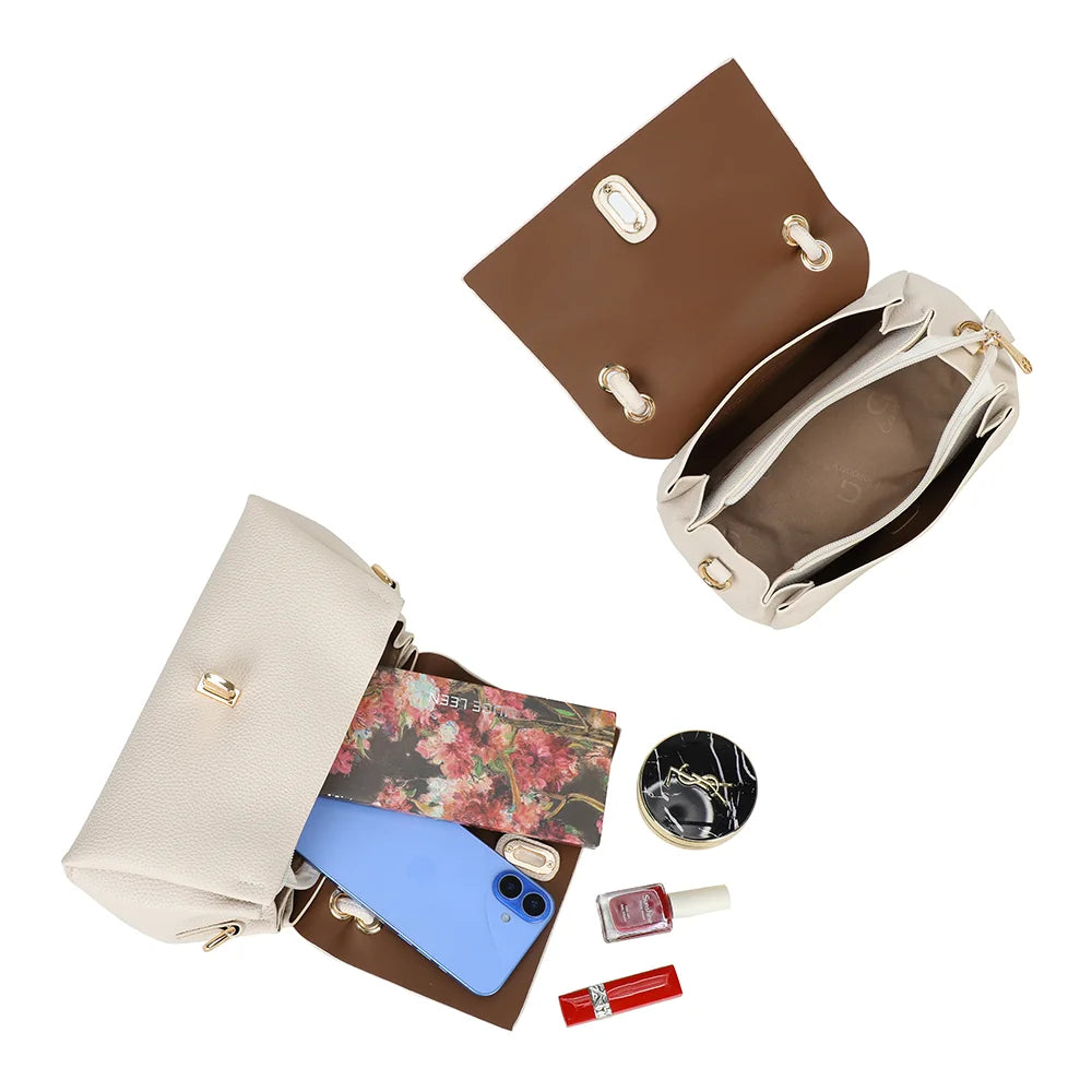 Intérieur compartimenté de l’Orlina beige : téléphone, carnet et maquillage trouvent leur place – réf. R-2048