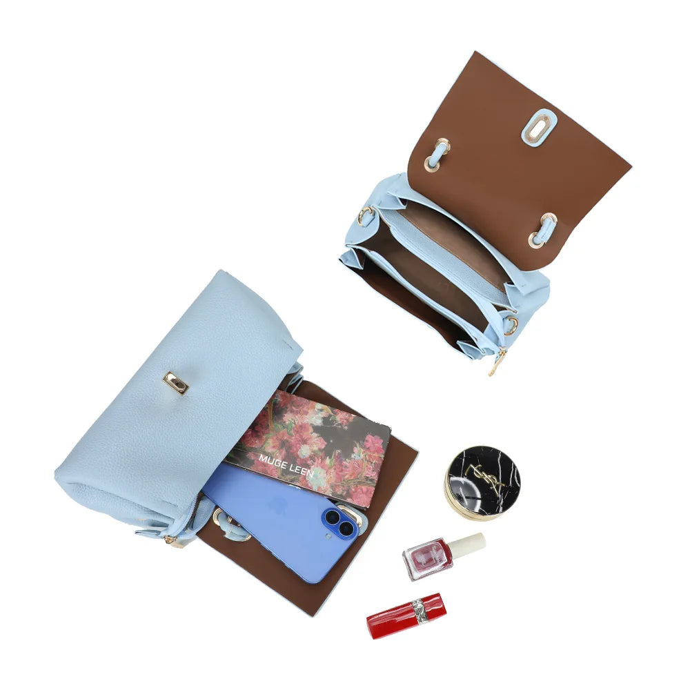 Intérieur compartimenté de l’Orlina bleu clair : téléphone, carnet et maquillage trouvent leur place – réf. R-2048