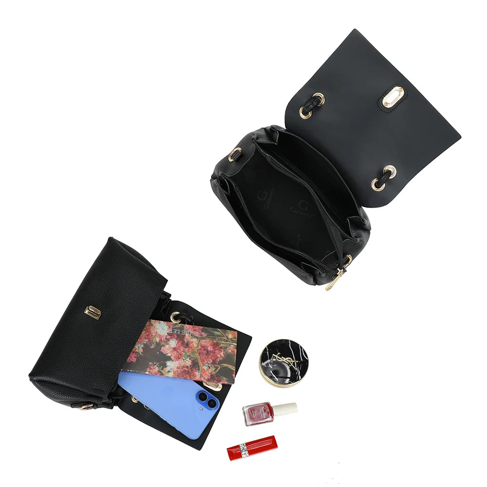 Intérieur compartimenté de l’Orlina noir : téléphone, carnet et maquillage trouvent leur place – réf. R-2048