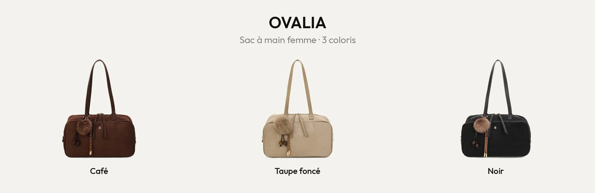 Sac à main femme Ovalia en suédine, en coloris Coffee, Taupe foncé et Noir – Gallantry Paris – réf. M-9451