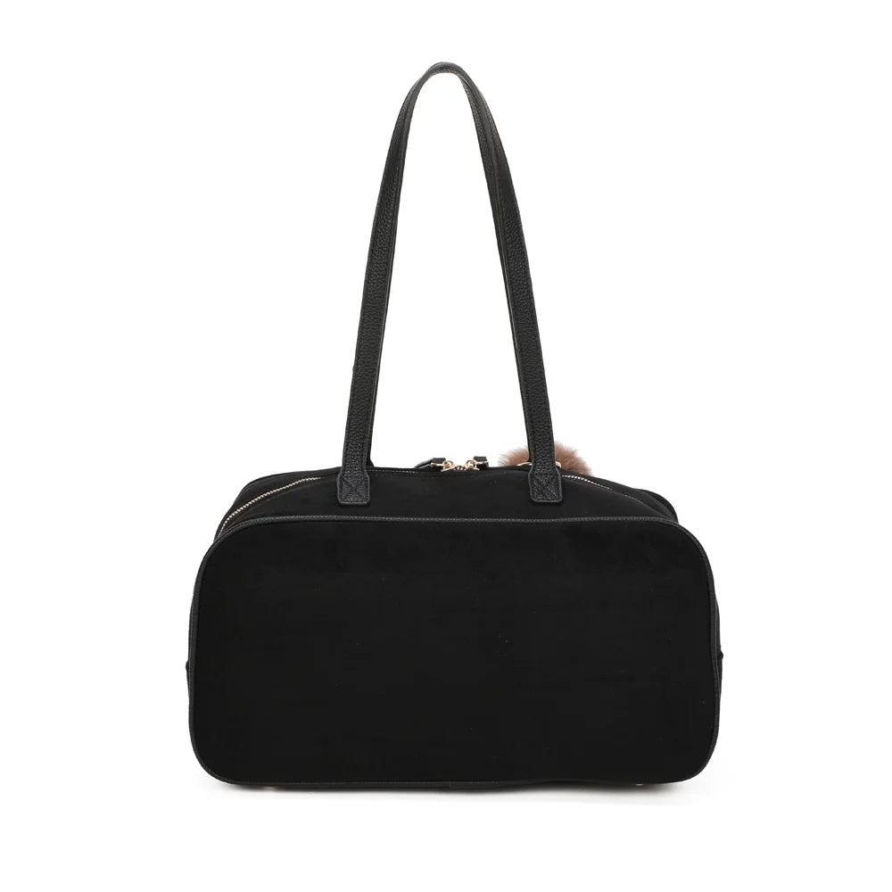 Dos du sac Ovalia noir : suédine unie et attaches des longues anses d’épaule – réf. M-9451