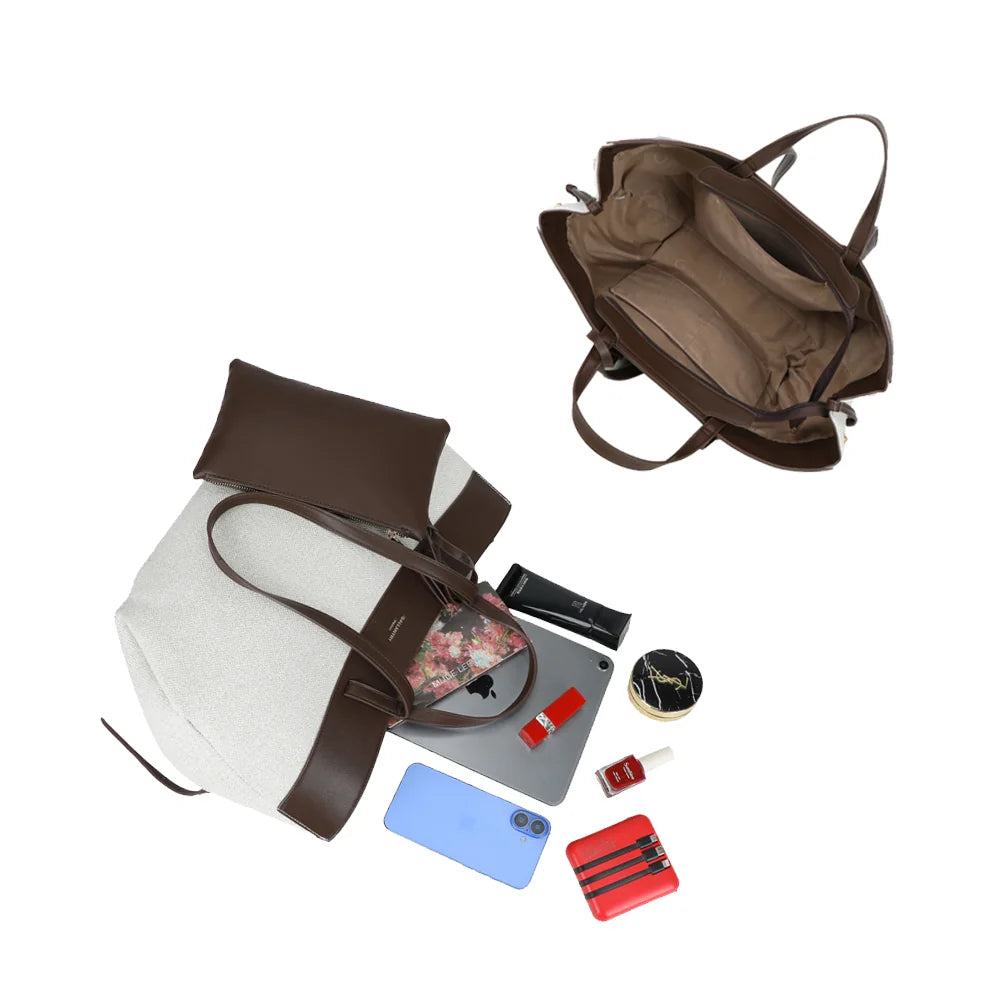 Intérieur du Palazzo beige/coffee : grand compartiment pour tablette, téléphone et pochette zippée – réf. R-2044