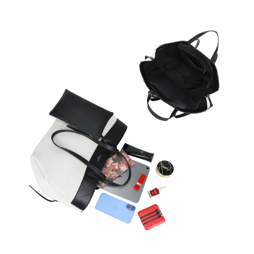 Intérieur du Palazzo beige/noir : grand compartiment pour tablette, téléphone et pochette zippée – réf. R-2044